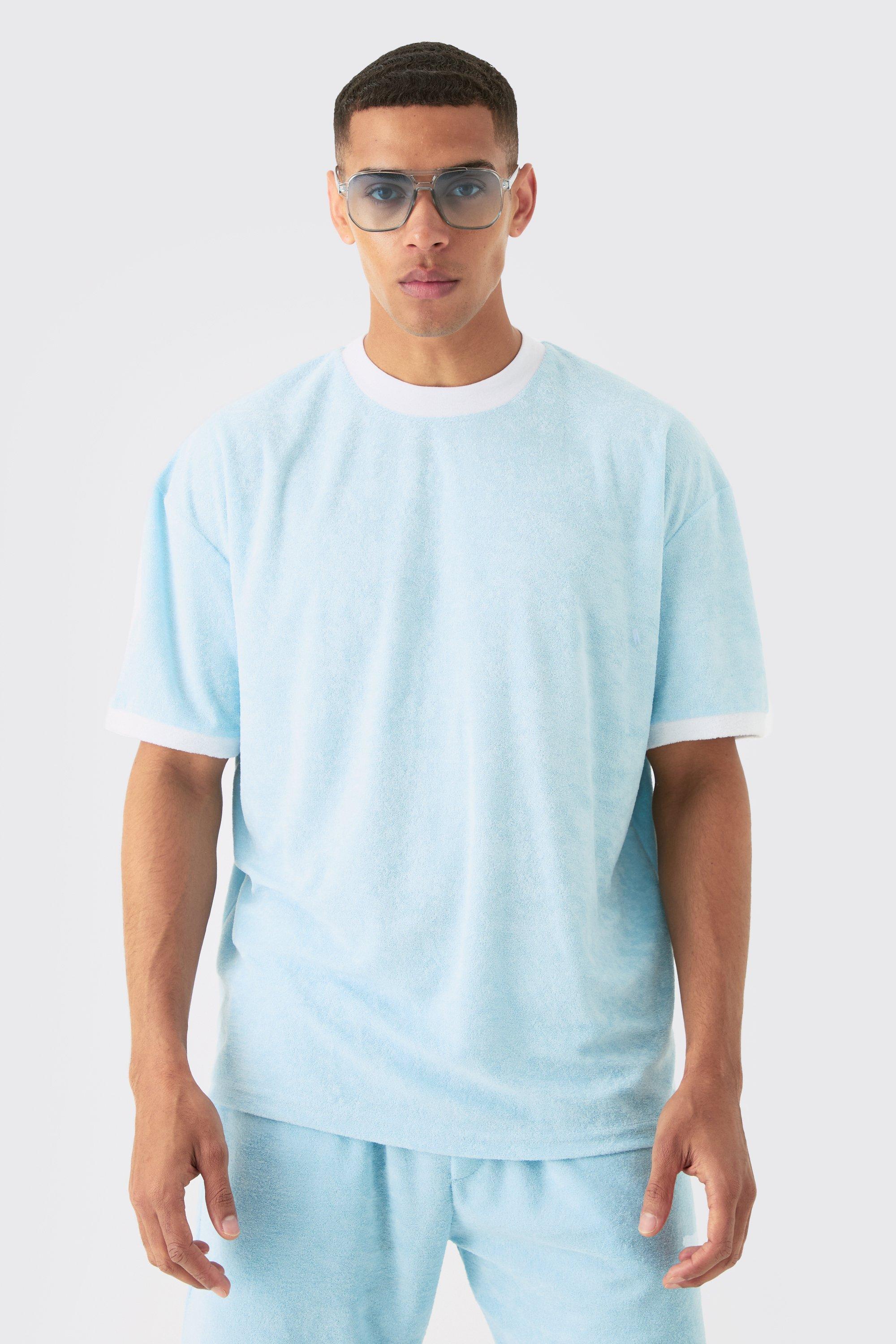 Mens Blue Oversized Extended Neck Contrast Towelling T-shirt, Blue